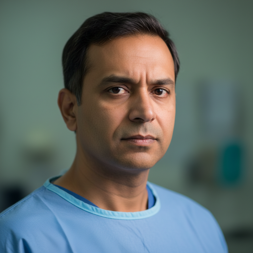 Male Indian orthopedic surgeon in scrubs, professional medical environment, confident pose