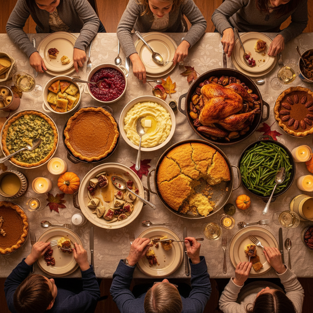 Overhead view of a Thanksgiving table mid-feast — golden light, hands reaching for dishes, platters half-served, cornbread crumbling at the edges