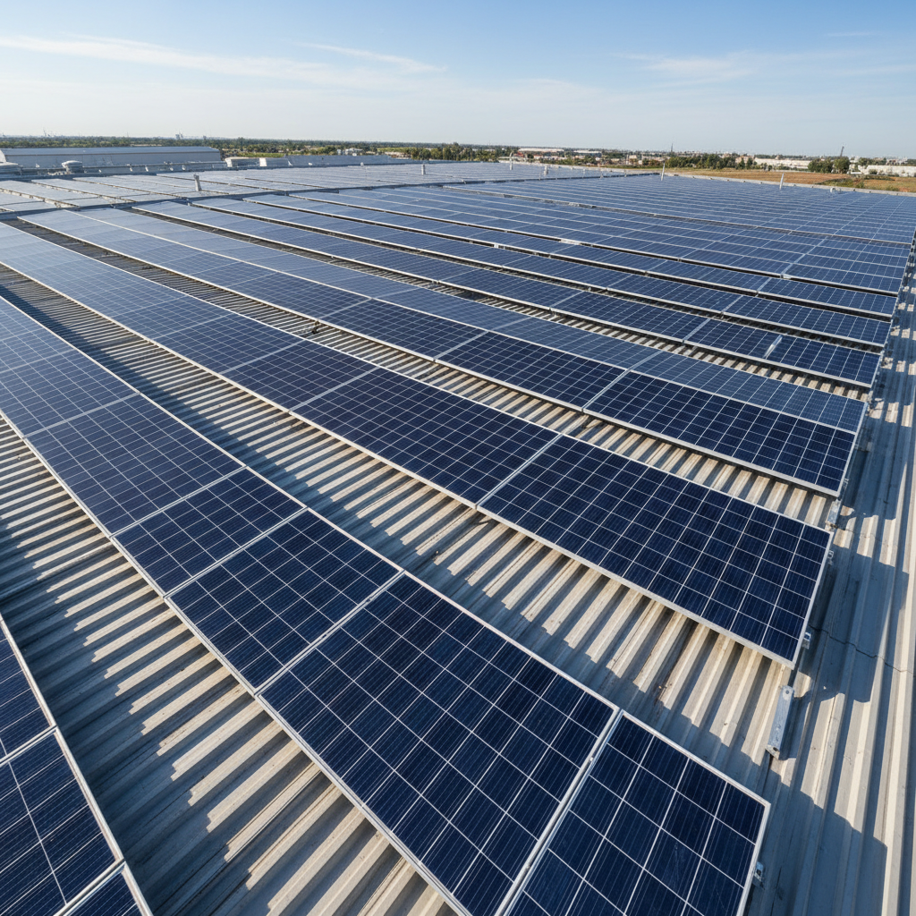 Large commercial solar array rows on industrial property, wide angle, clear blue sky, industrial landscape