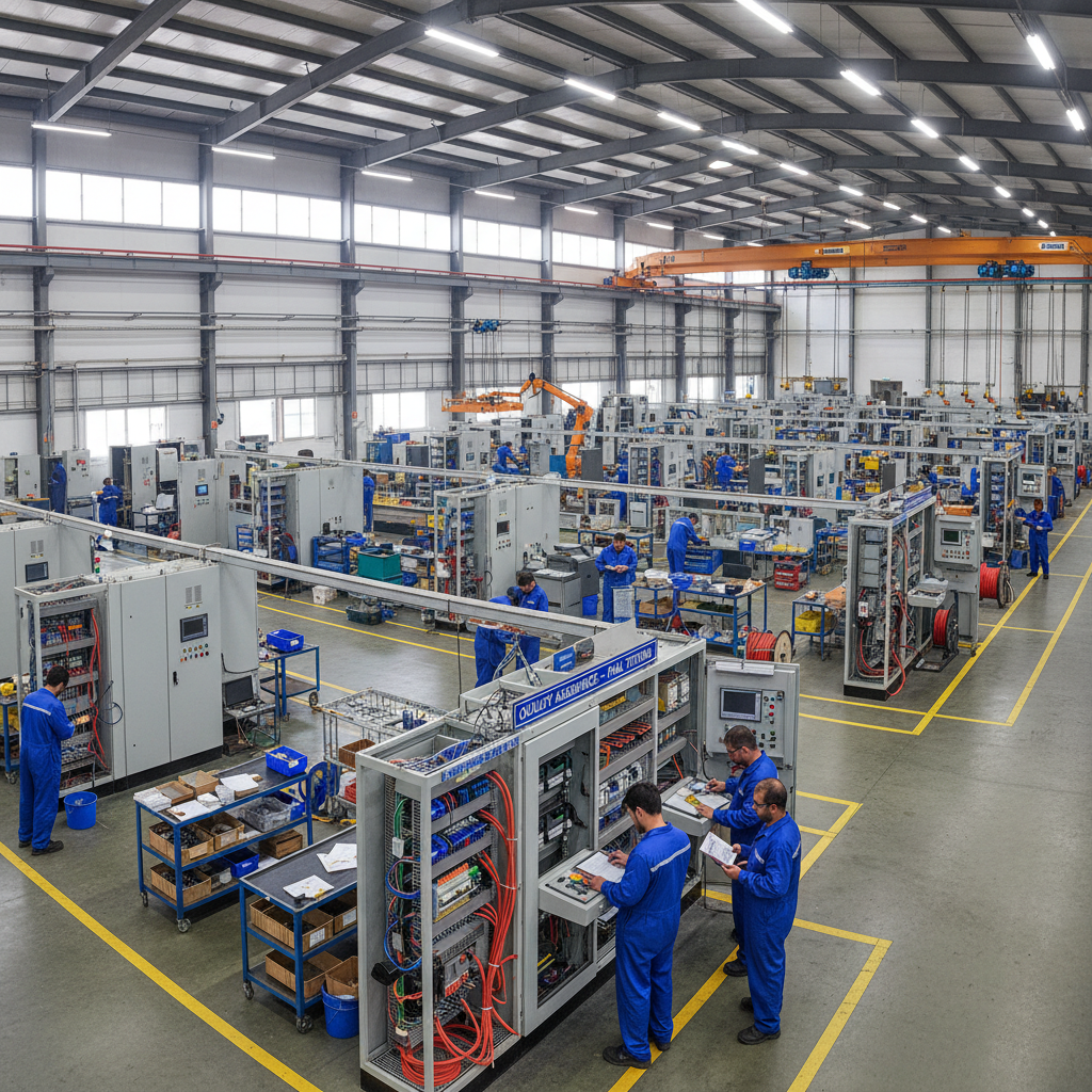 Row of custom-built industrial electrical panels including MCC and PCC switchgear in a manufacturing facility with dim ambient lighting