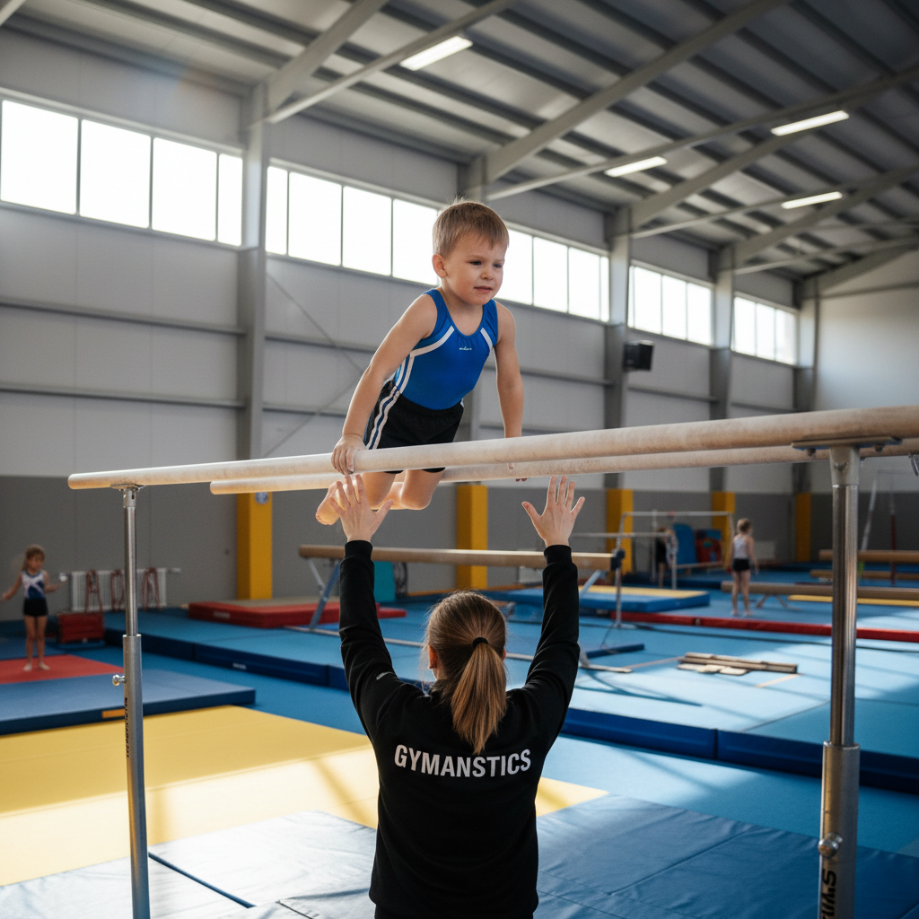 Child swinging on gymnastics bars with coach spotting from below