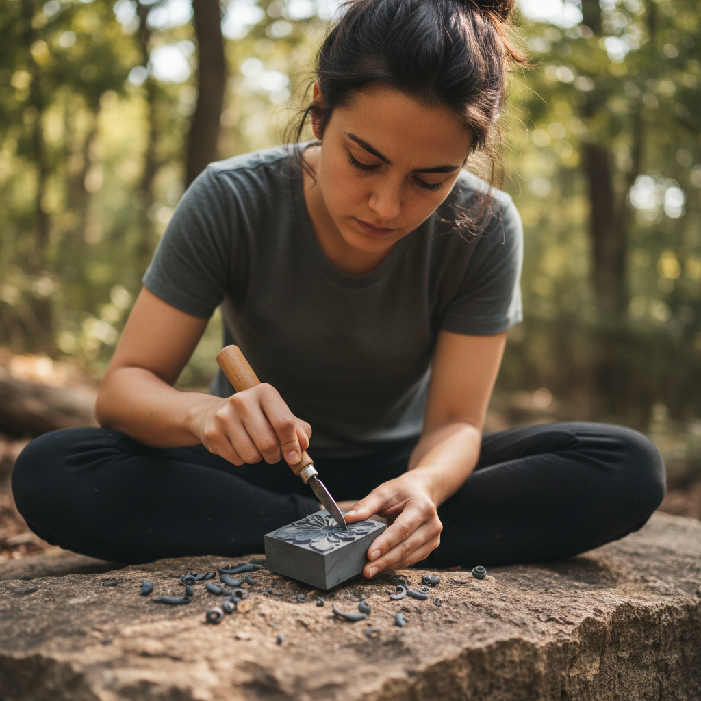 Young woman with dark hair sitting on a rock carving a rubber stamp with a linoleum cutter