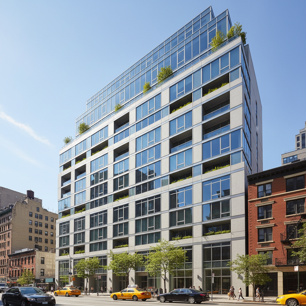 New York City apartment building exterior after renovation showing clean modern facade