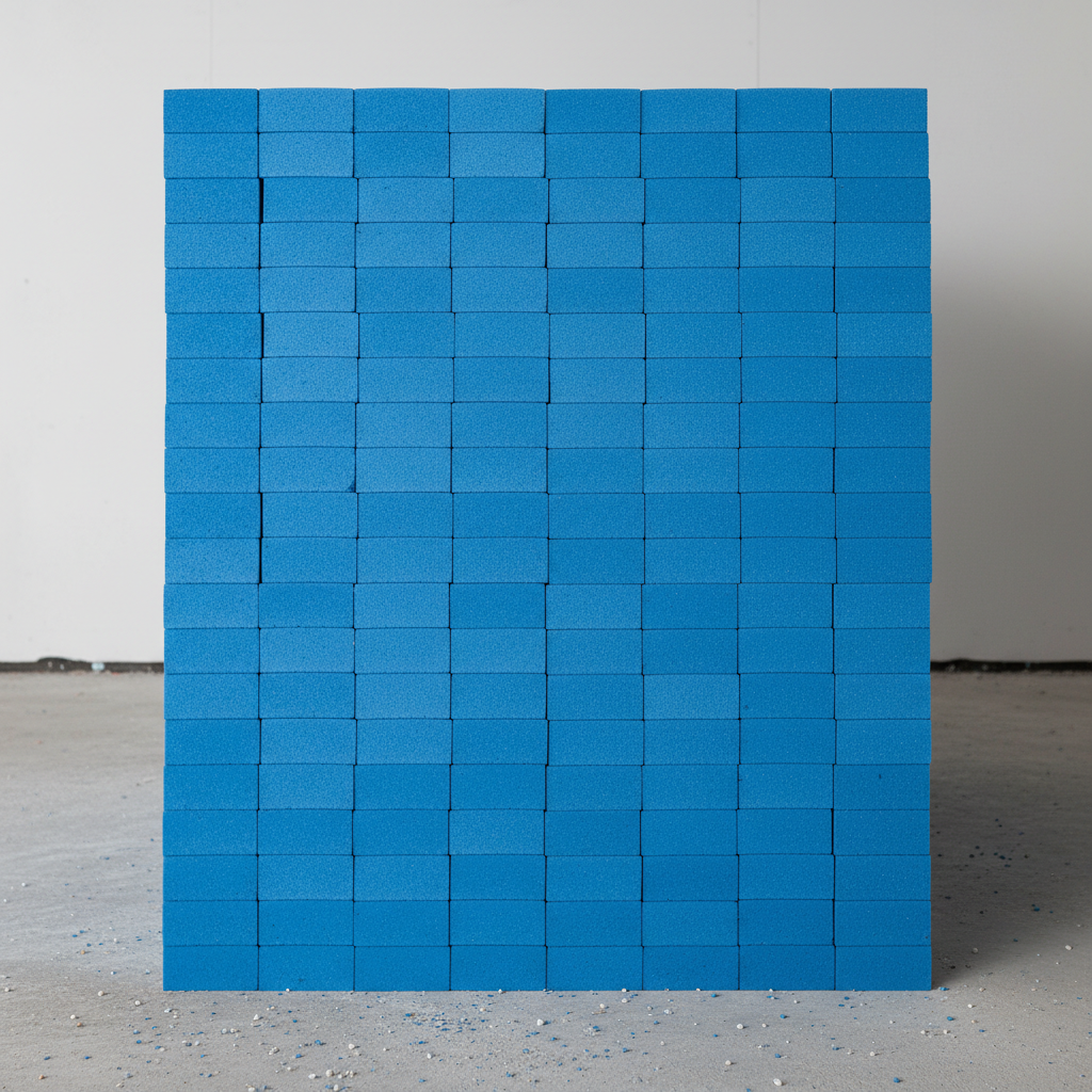 Blue rigid XPS foam insulation boards stacked at a construction site