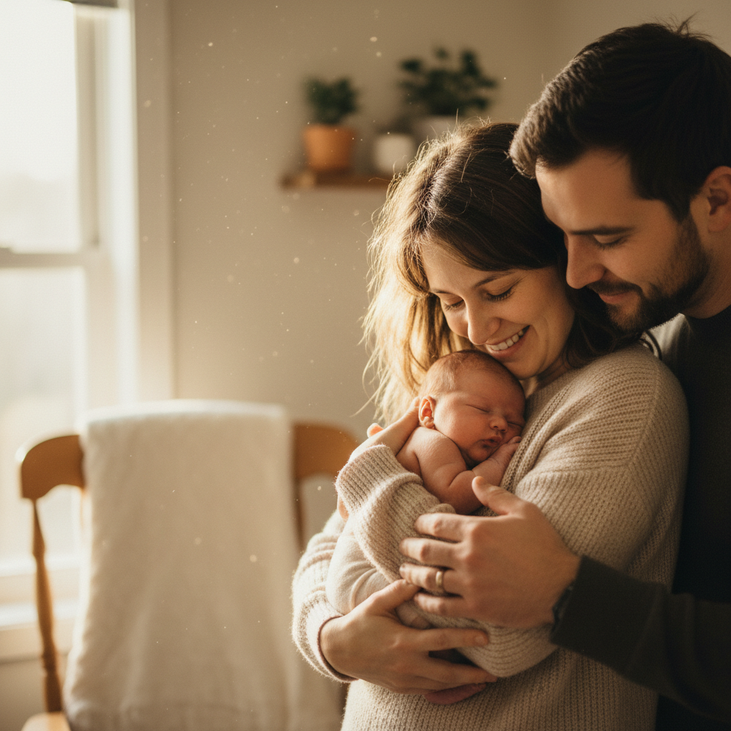 Marcus and Jen Thornton, happy first-time parents holding their baby