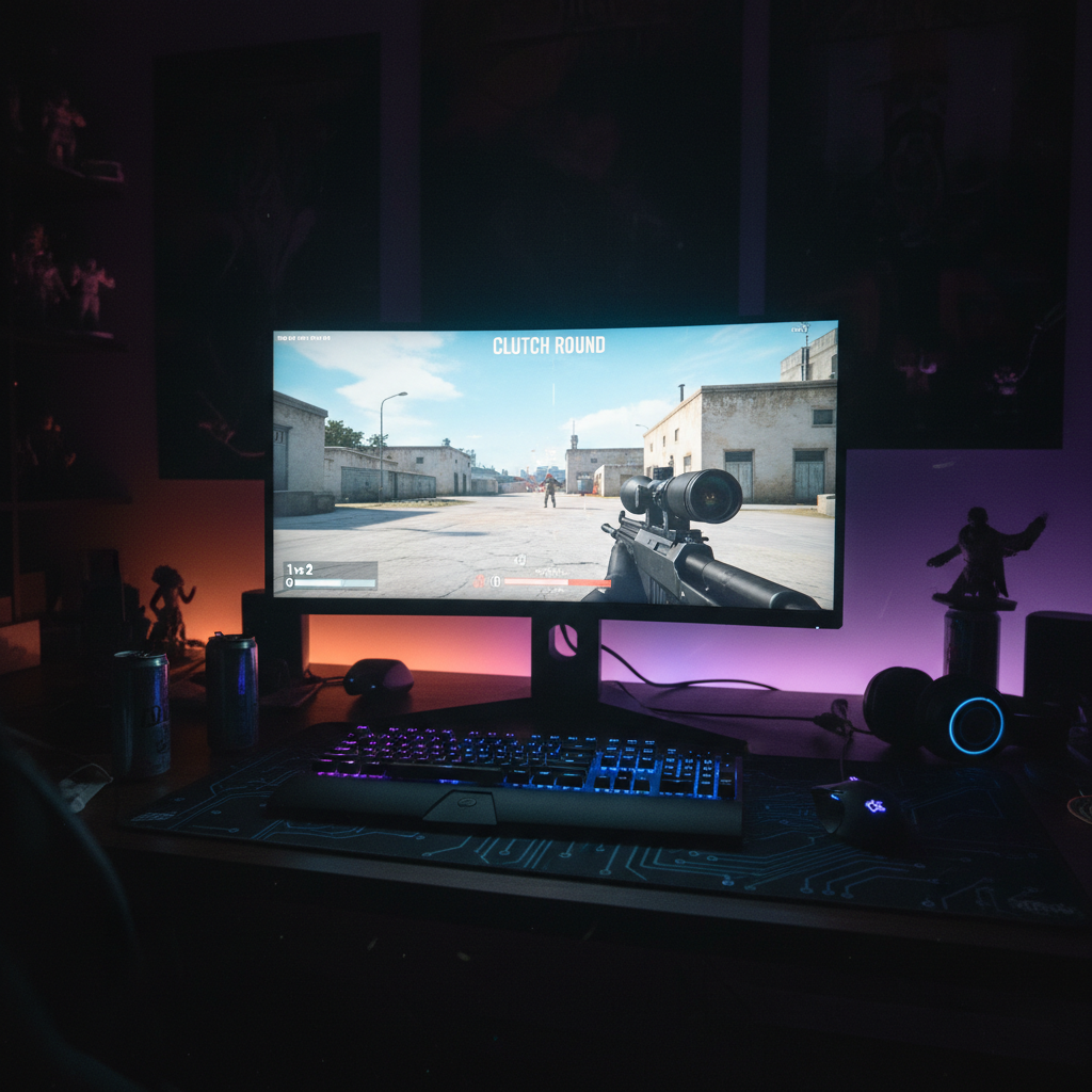 Dark gaming room with CS2 gameplay on monitor showing clutch moment with AWP rifle