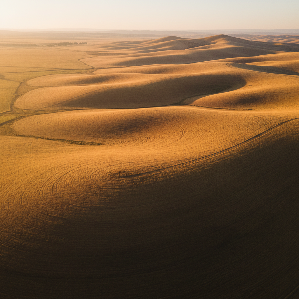 Aerial view of rolling golden pastureland dissolving into foothills at golden hour