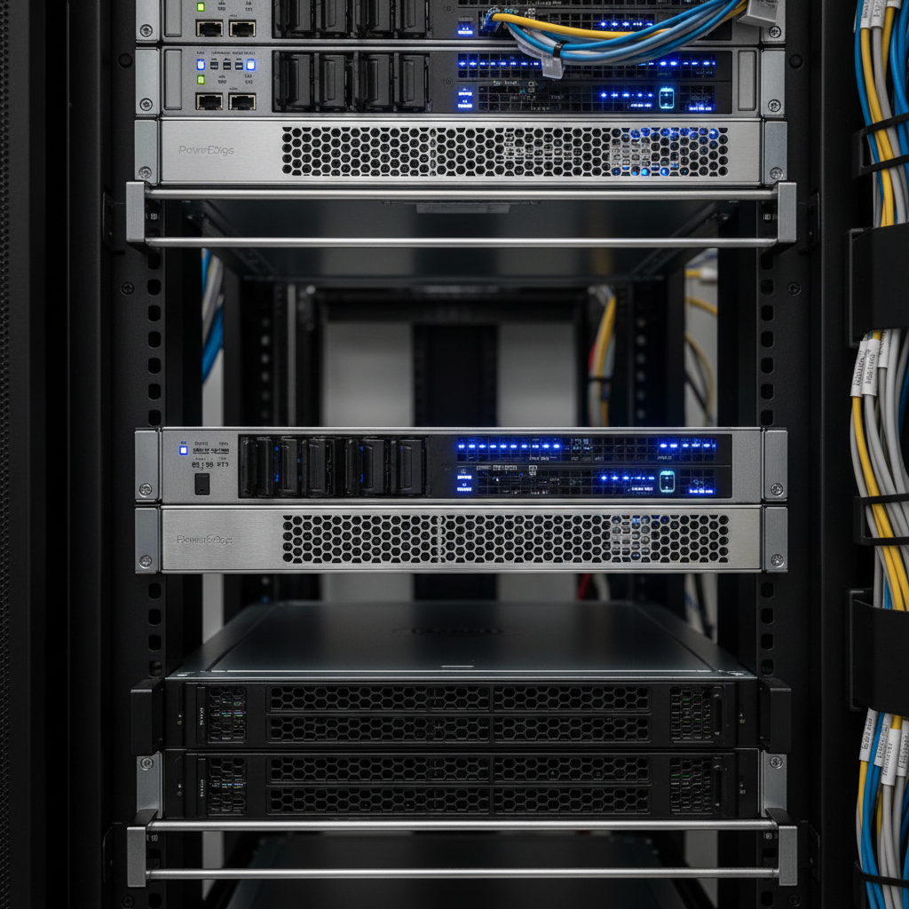 HP server rack unit with blue LED indicators in dark professional data center