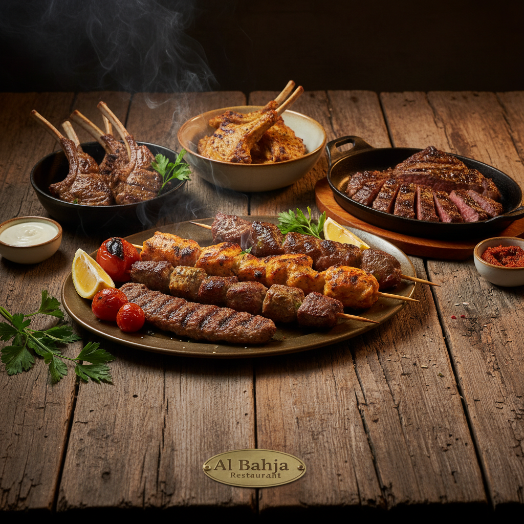 Grilled meat and traditional Kenyan food spread on wooden table