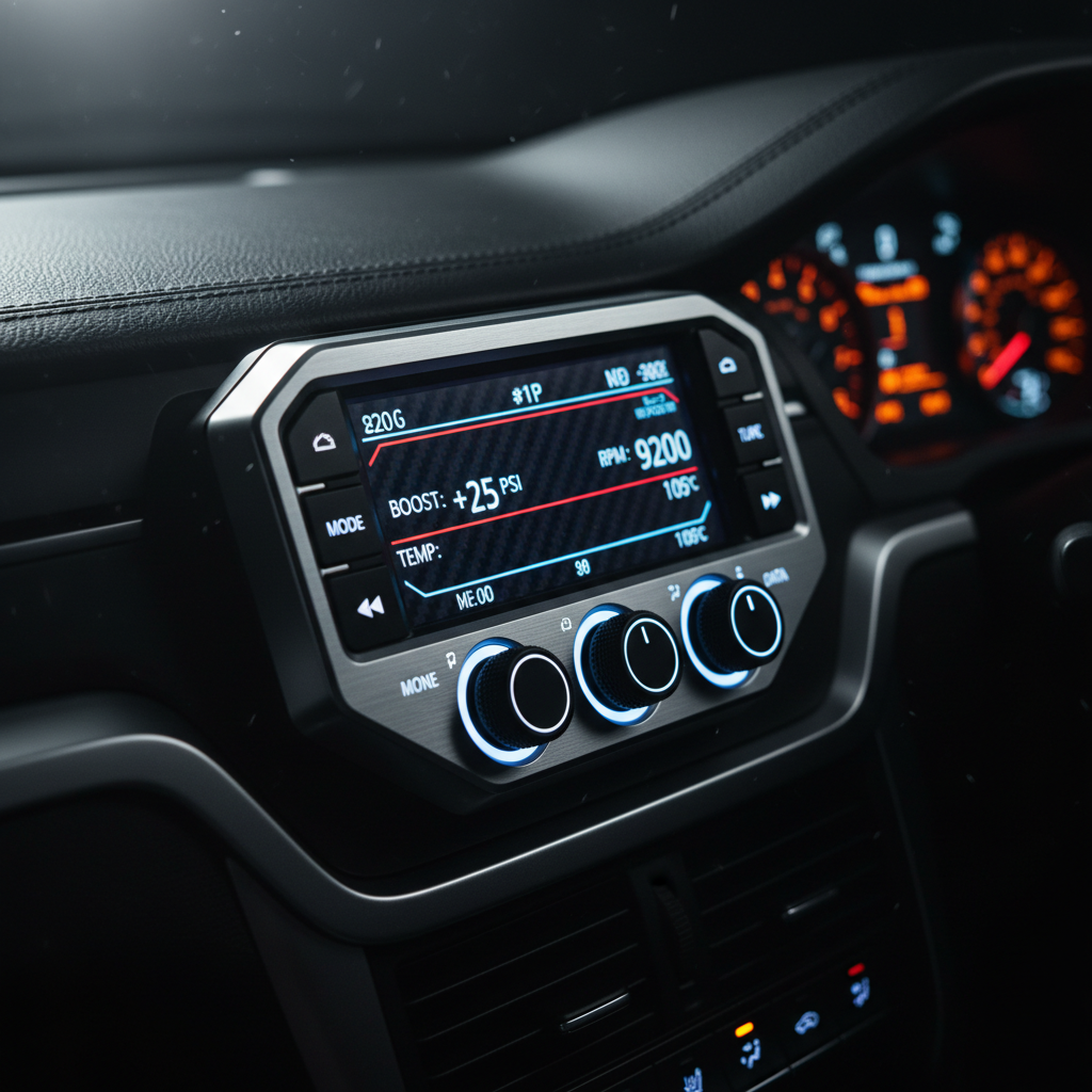 Performance tuning device display, dark dashboard, dramatic lighting, deep shadows