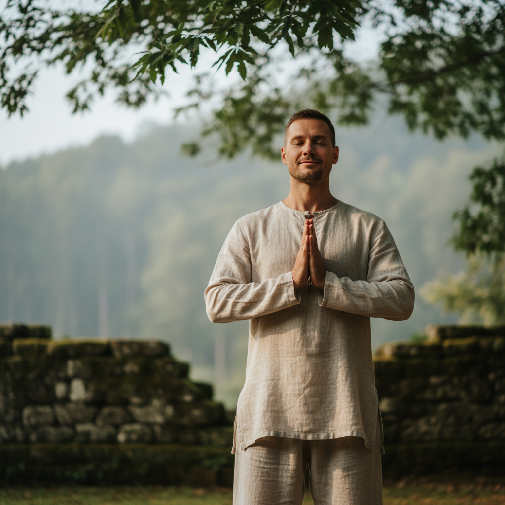Person meditating in soft morning light with peaceful expression