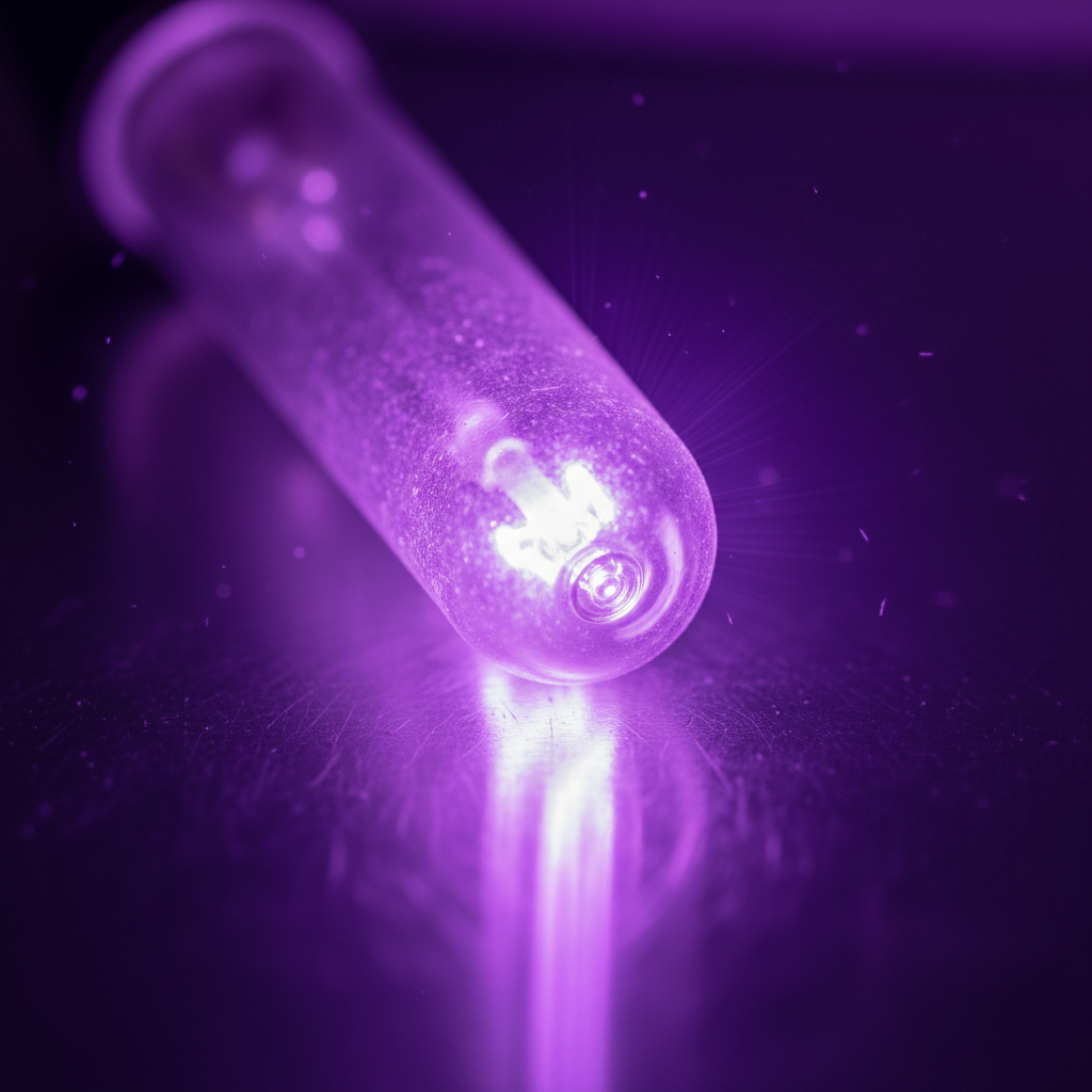 UV lamp glowing violet beside magnifying loupe on dark surface