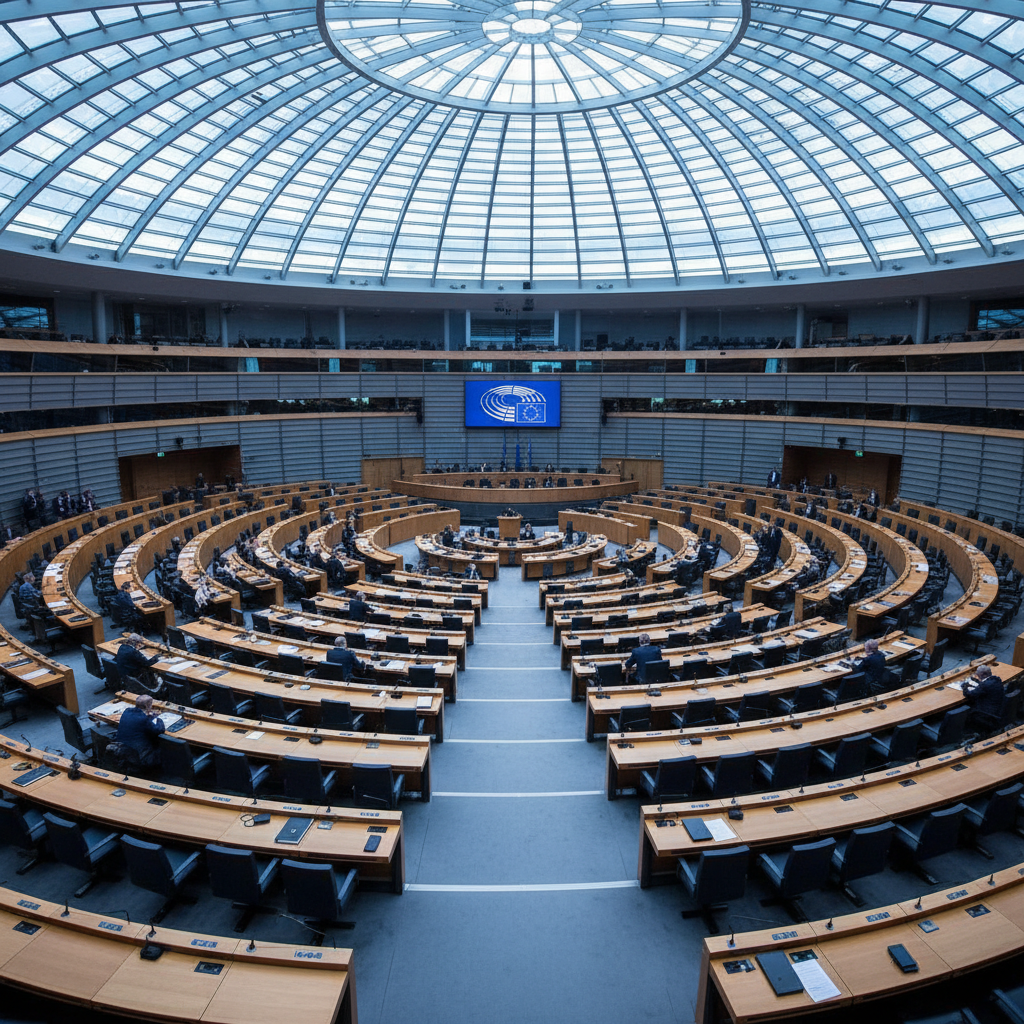 European Parliament chamber interior with curved seating rows and digital displays