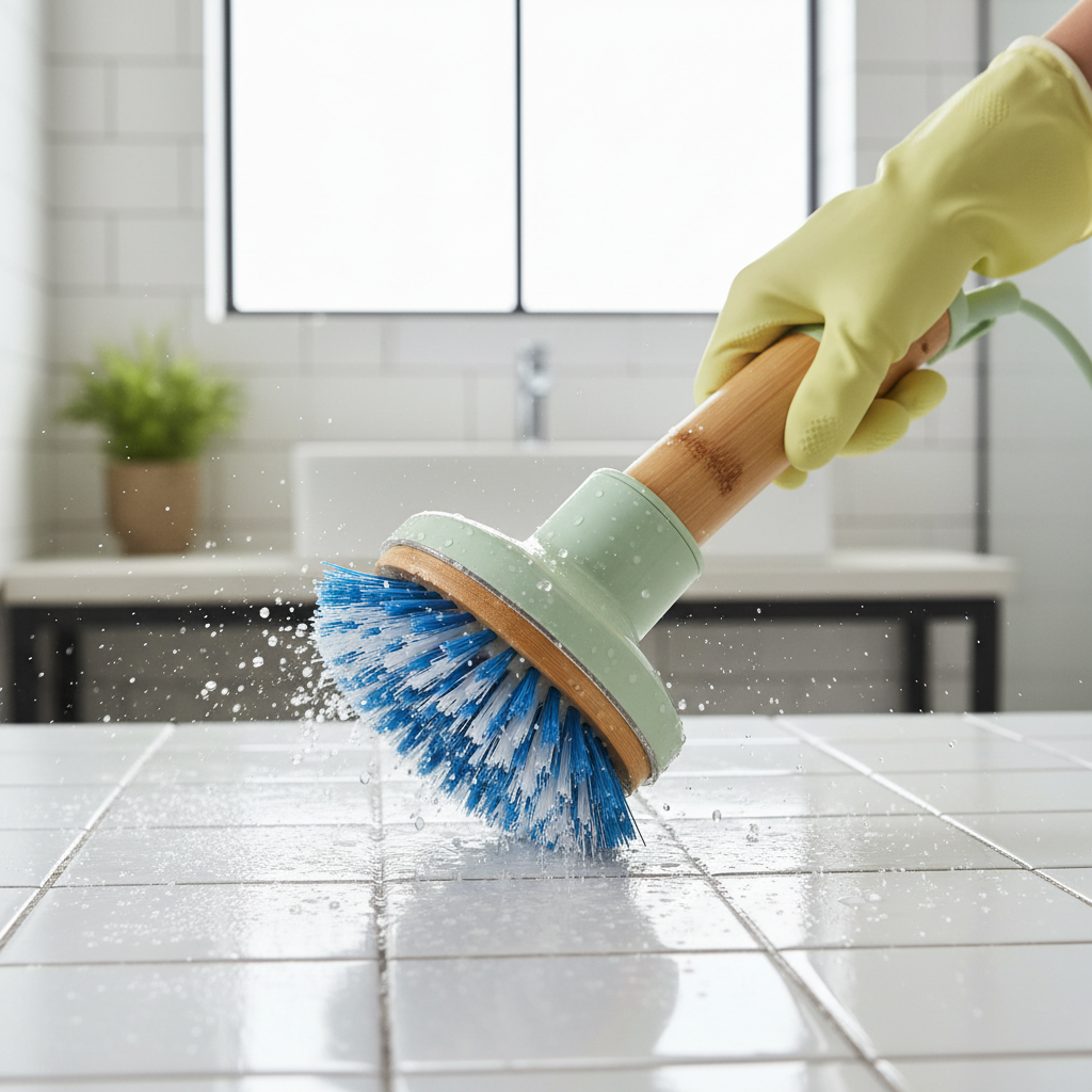Close-up of white bathroom tiles and dark grout lines being cleaned with a rotary scrubbing machine