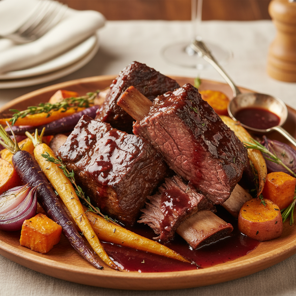 Slow-braised short ribs falling off the bone with red wine reduction and root vegetables