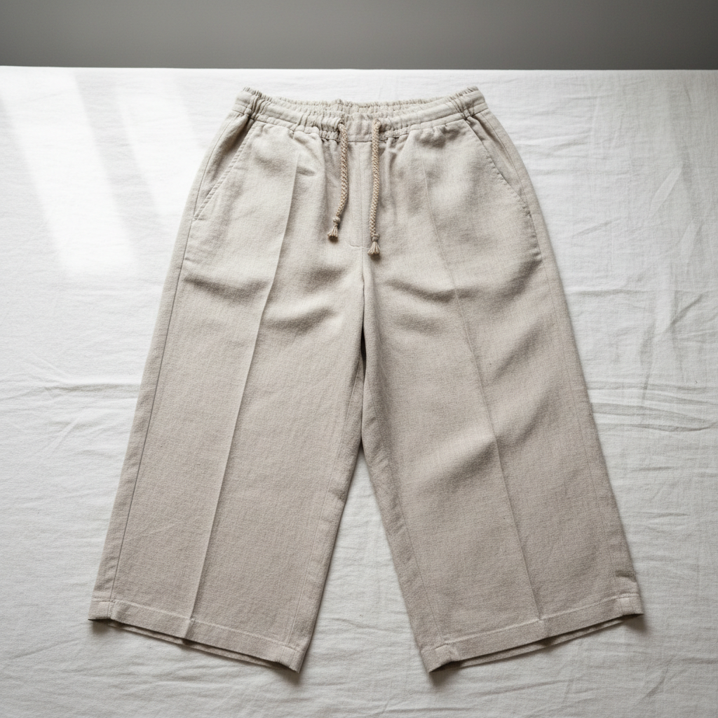 Calça pantacourt de linho bege premium, estilo minimalista feminino