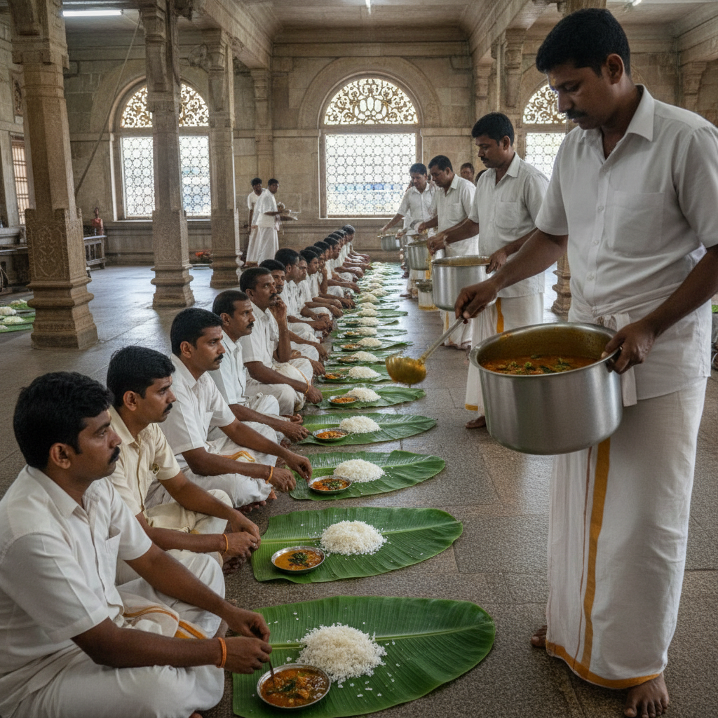 Temple kitchen volunteers serving rice and sambar on banana leaves to a row of seated devotees in the temple hall