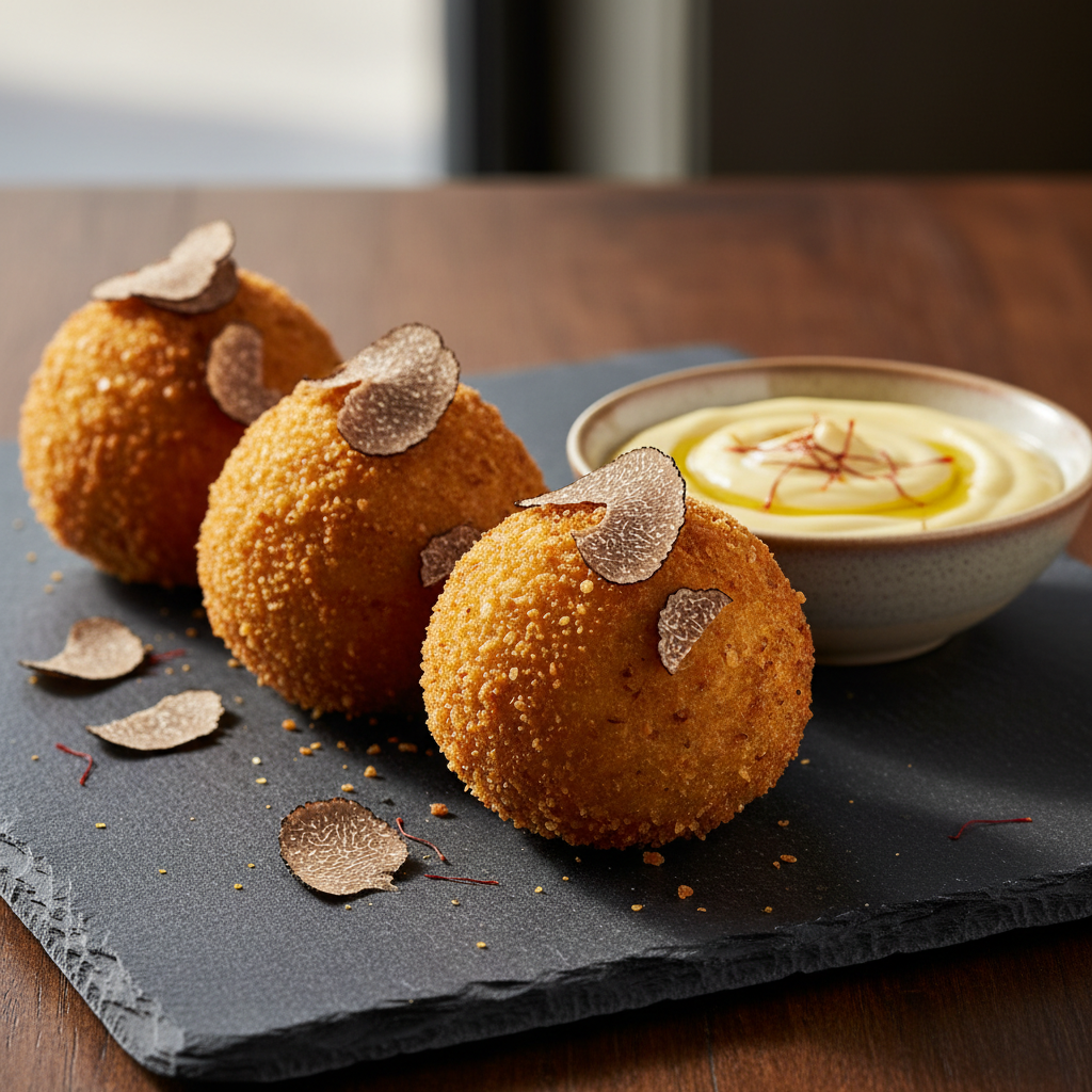 Golden crispy arancini risotto balls with marinara dipping sauce on dark slate board