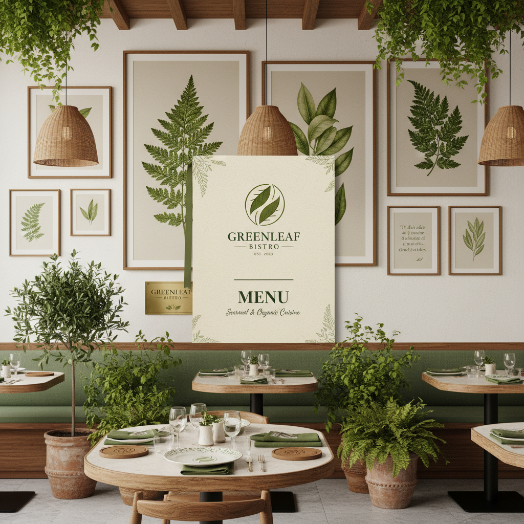 Elegant restaurant interior with branded menu designs and ambient lighting creating sophisticated dining atmosphere