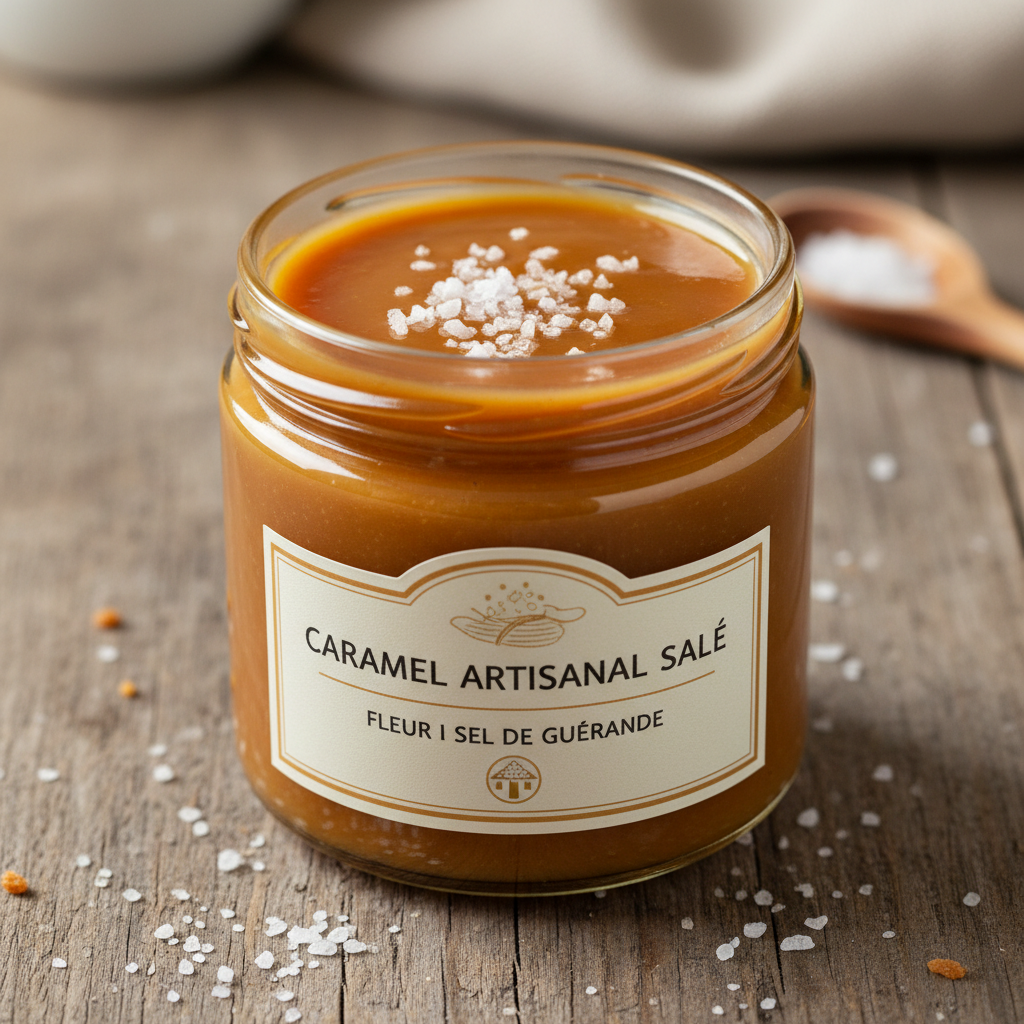 Dark chocolate caramel clusters topped with fleur de sel on a marble surface, moody warm light