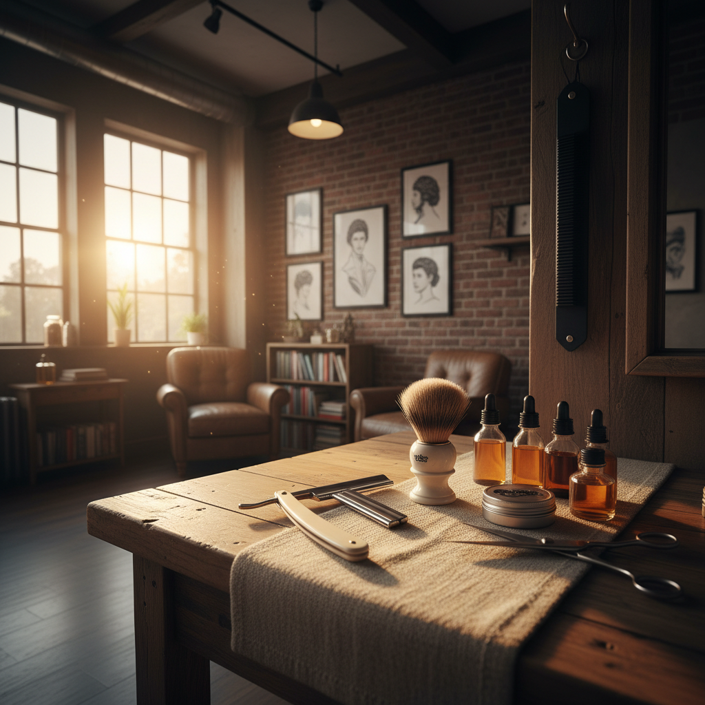 Studio interior with warm golden afternoon light and grooming tools