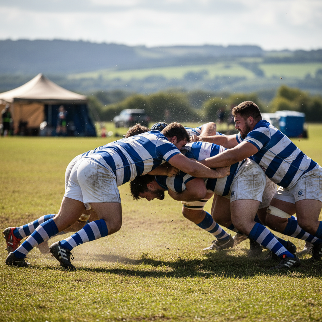 Rugby players in a scrum formation during a training camp