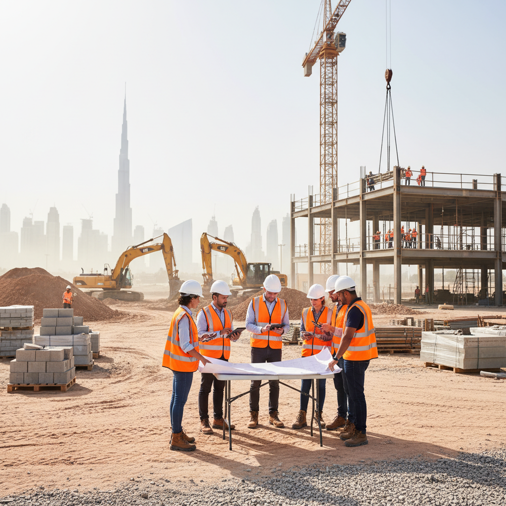 Eagle Project Management team working on outdoor construction site in Dubai, bright daylight
