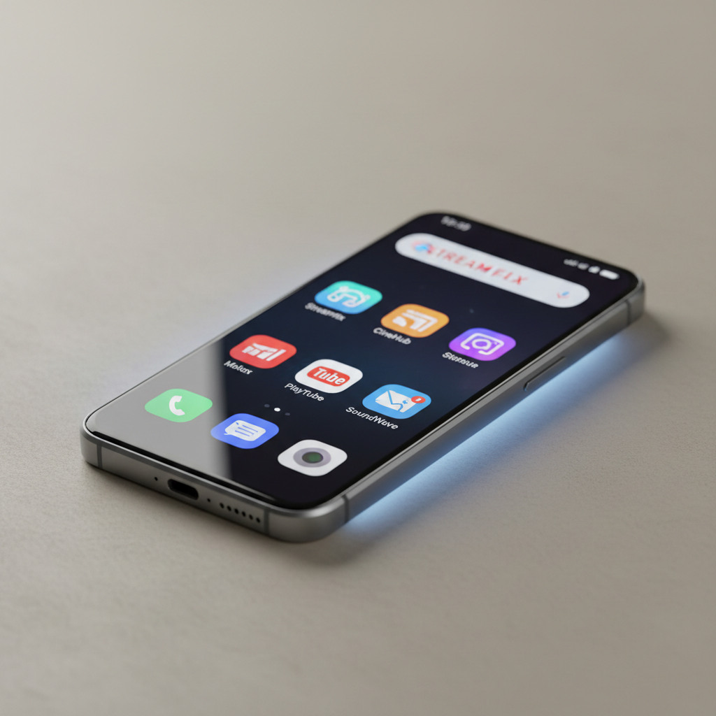 Dark smartphone screen with glowing app icons in a dimly lit room