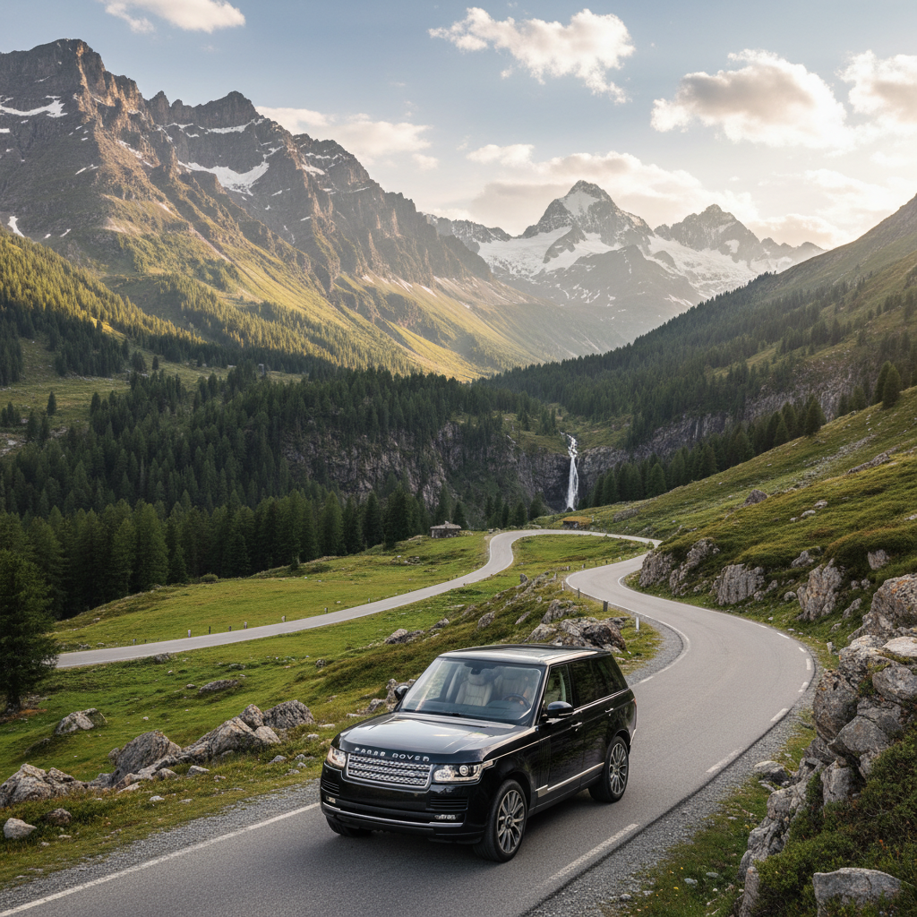 Silver Range Rover Autobiography luxury SUV on a mountain road with dramatic cloudy sky
