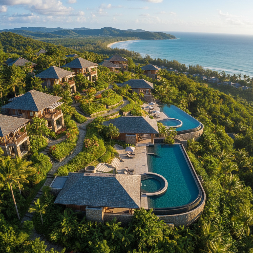 Destination resort aerial view showing multiple lodge buildings, spa pavilions, and infinity pools integrated into hillside landscape