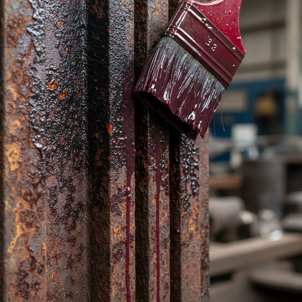 Industrial metal surface coated with rust-preventive grey primer, workshop setting
