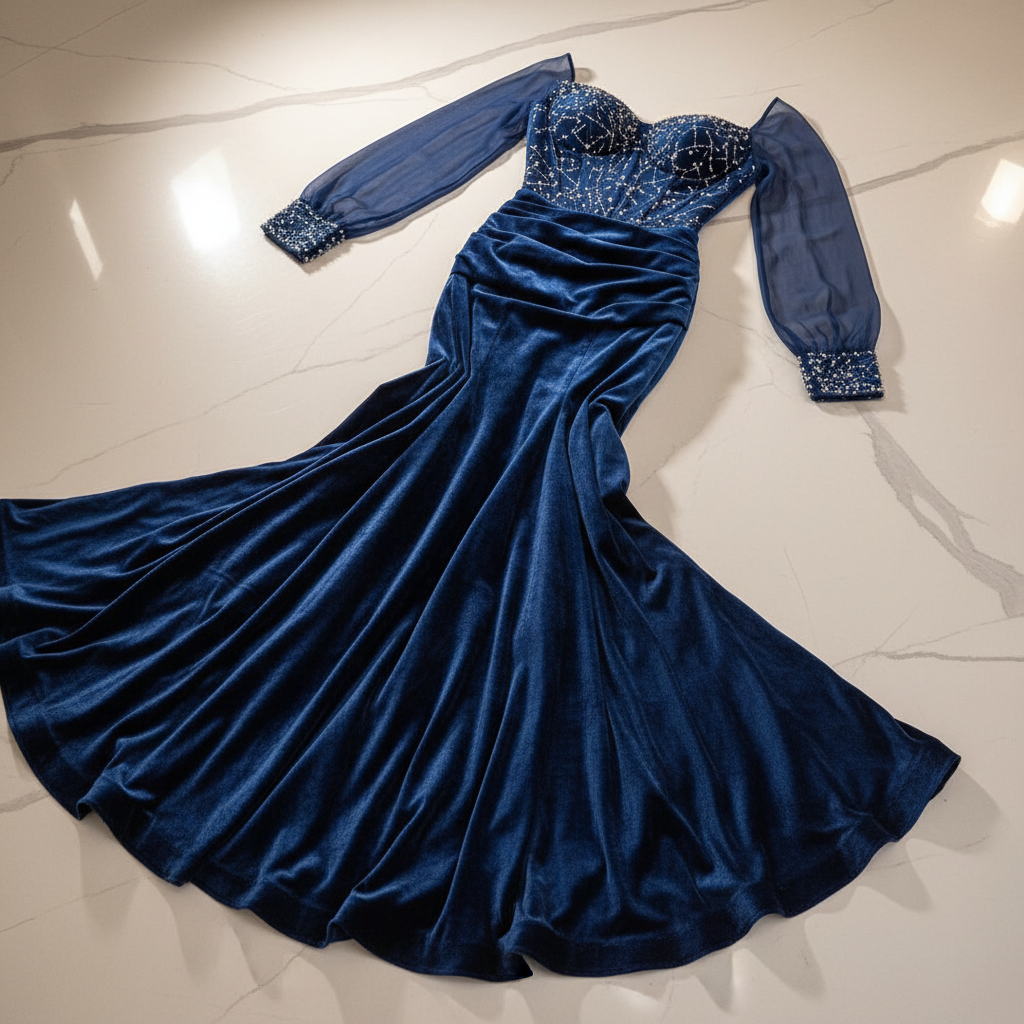 Sophisticated formal evening dress in deep jewel tone, professional fashion photography