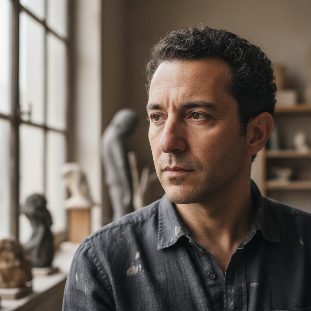 Portrait de Karim Benali, sculpteur franco-algérien aux cheveux courts et regard concentré