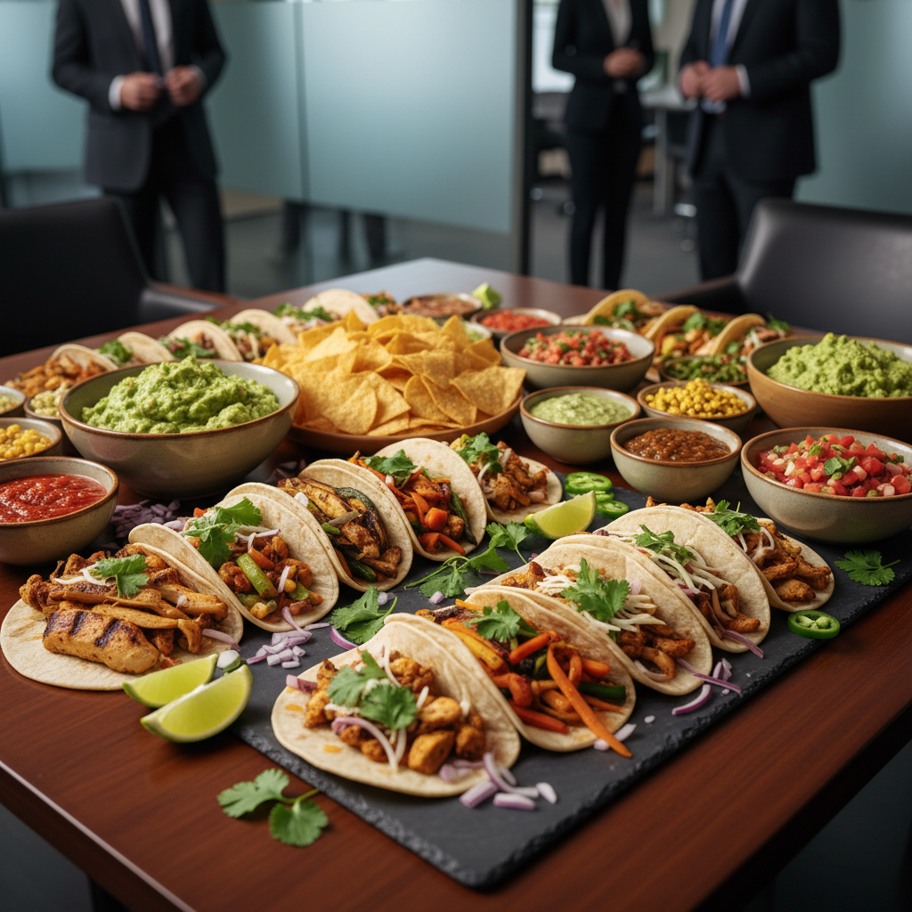 Corporate event catering spread with tacos guacamole chips and colorful salsas