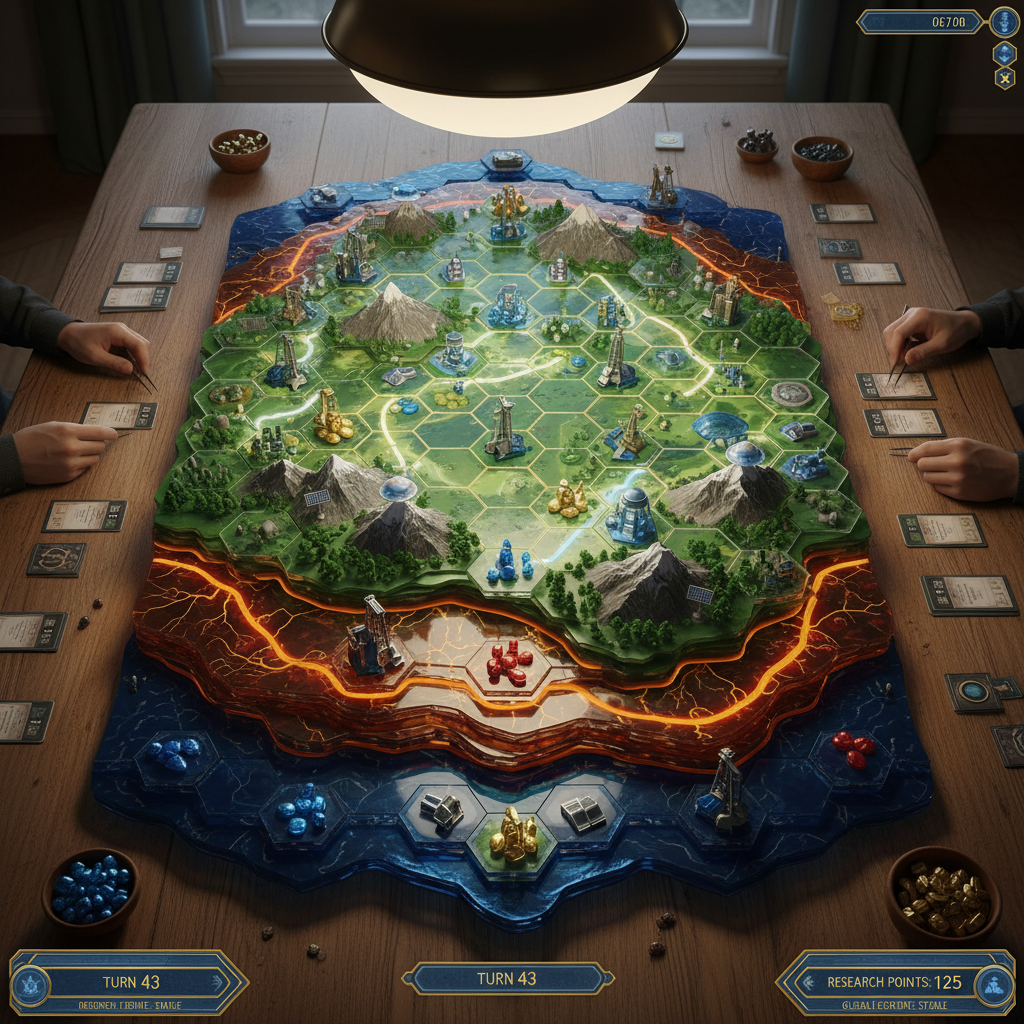 Top-down geological strategy game with layered terrain and resource management