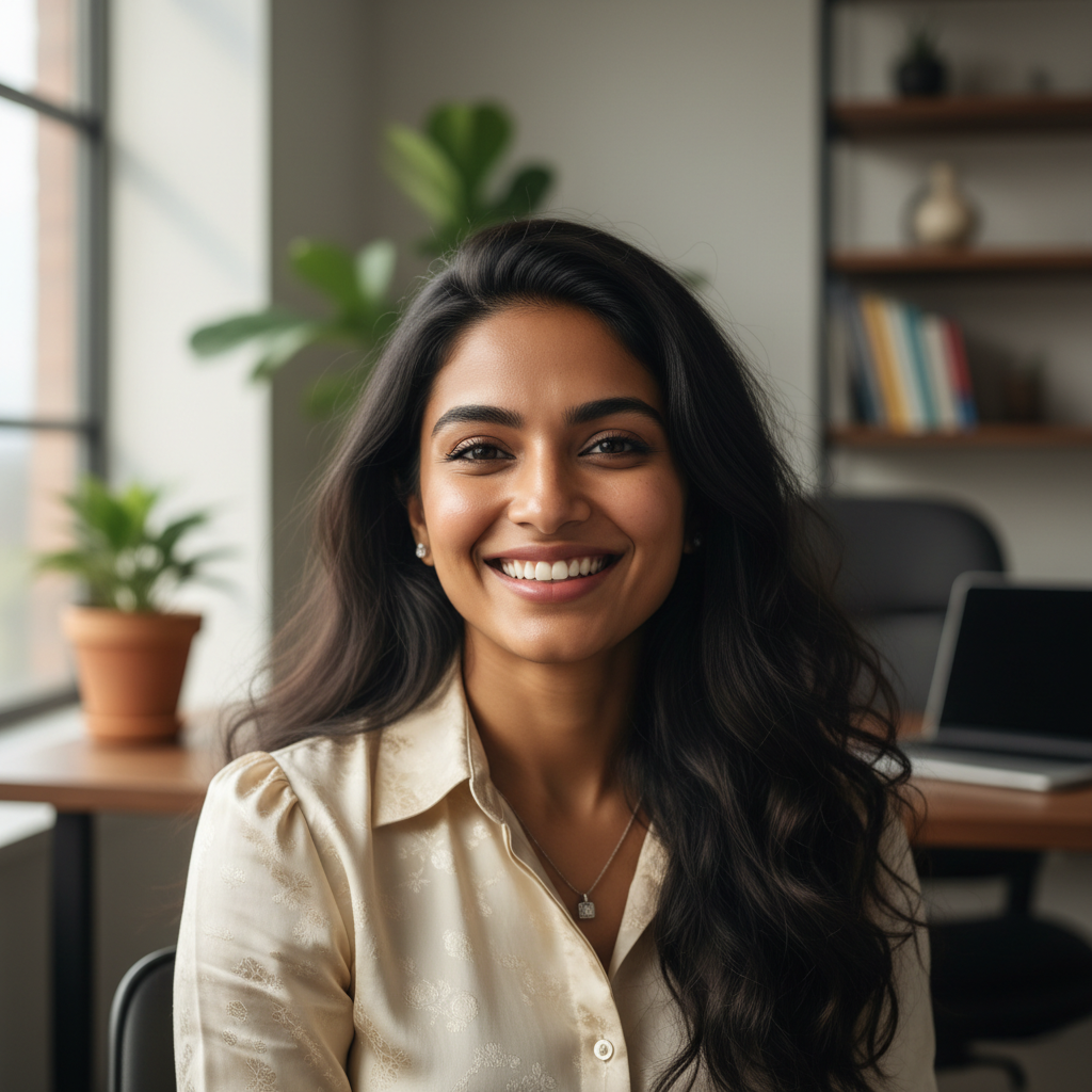 Professional Indian woman with long dark hair in business casual attire smiling warmly in office setting