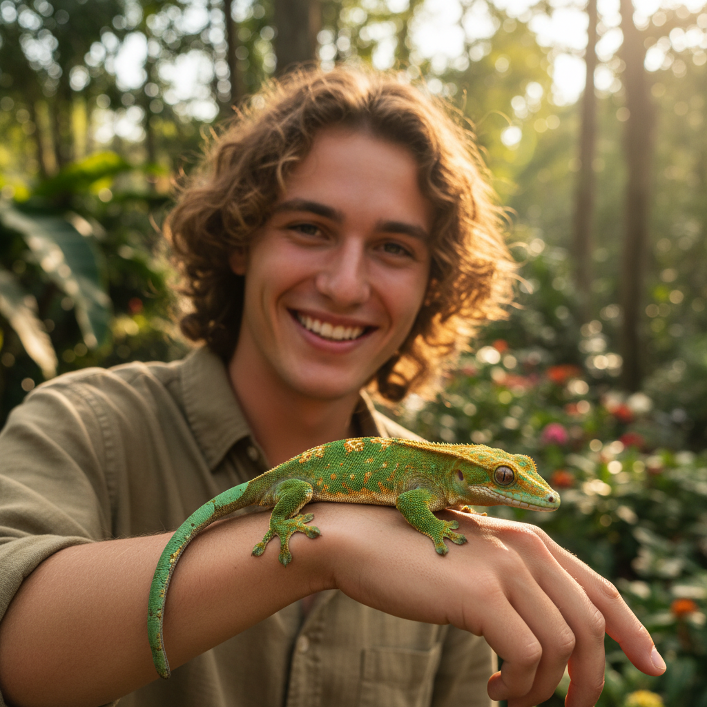 Devon Castillo, new reptile owner, smiling outdoors