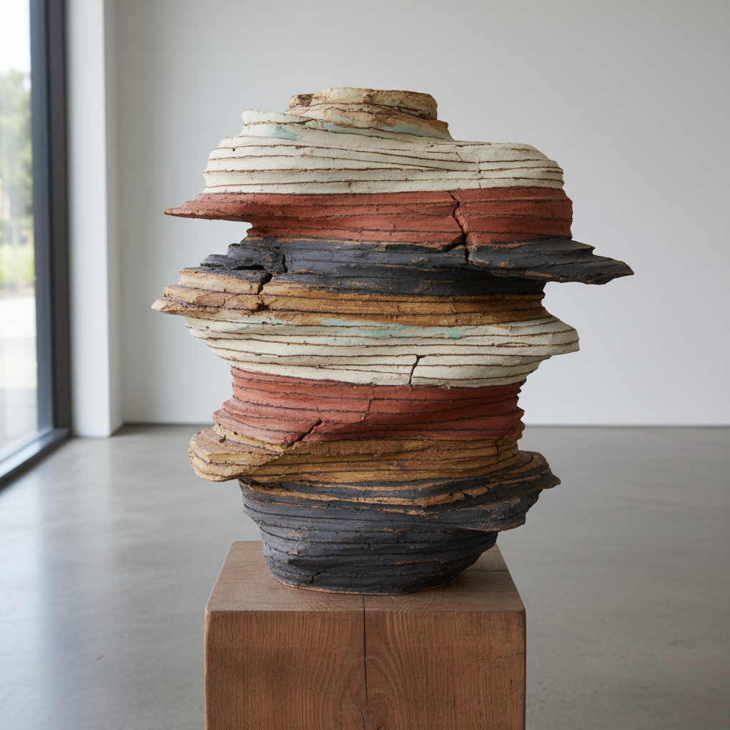 Layered stoneware ceramic sculpture with horizontal striations suggesting geological strata