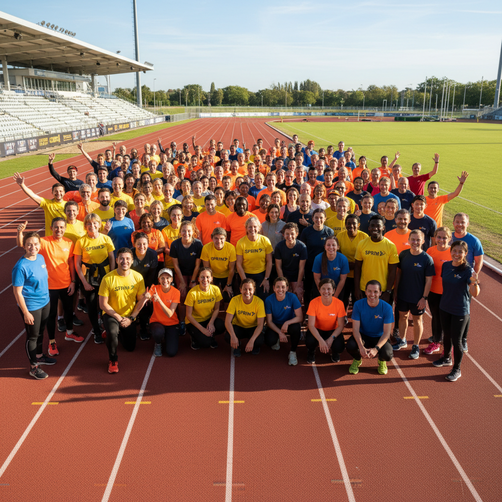 Large group photo of Sprint community members on the track, smiling
