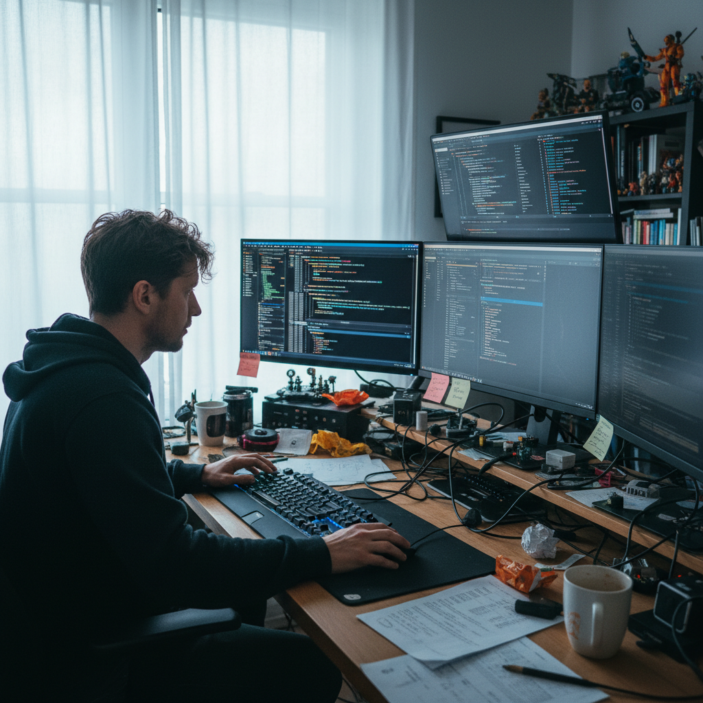 Developer at a workstation with multiple code windows open showing complex logic and terminal output
