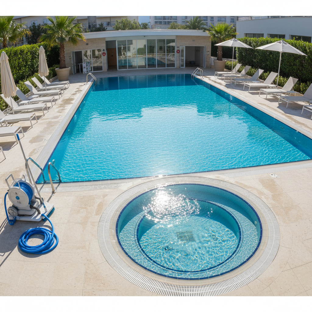 Clean well-maintained swimming pool with organized pool equipment, professional maintenance setting, California backyard
