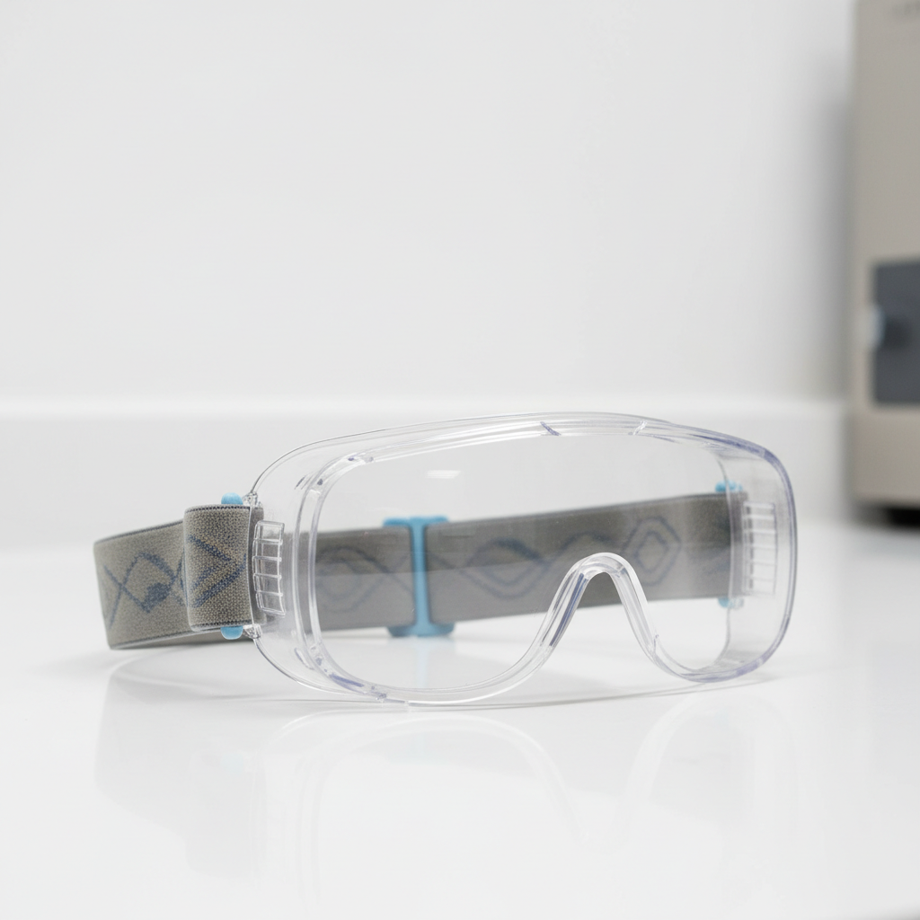 Clear safety goggles with adjustable elastic strap and anti-fog lens coating