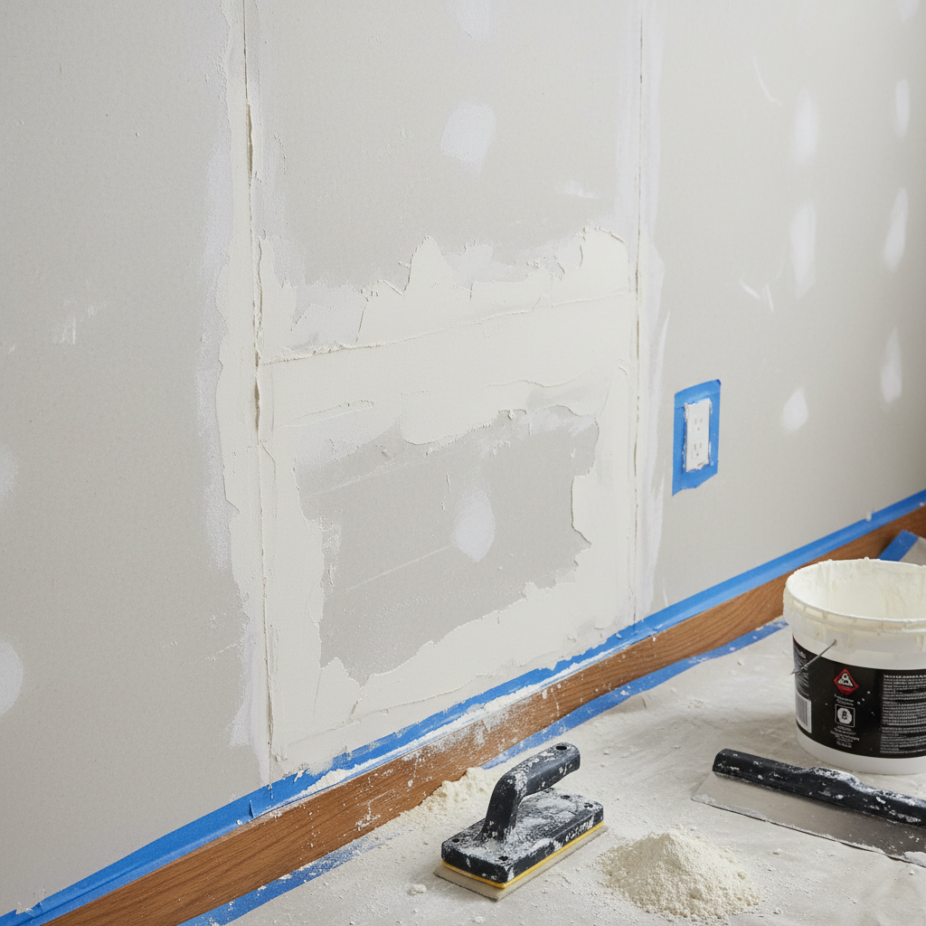 Wall repair kit with putty, paint brush and sandpaper on white surface