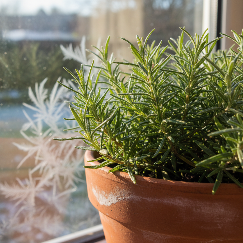 A terracotta pot of rosemary on a sunny windowsill with frost visible on the glass outside, morning light casting shadows across the leaves