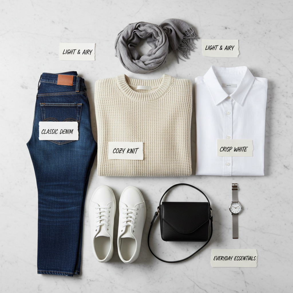 Neatly folded colorful clothing items on bright white surface, airy fashion photography
