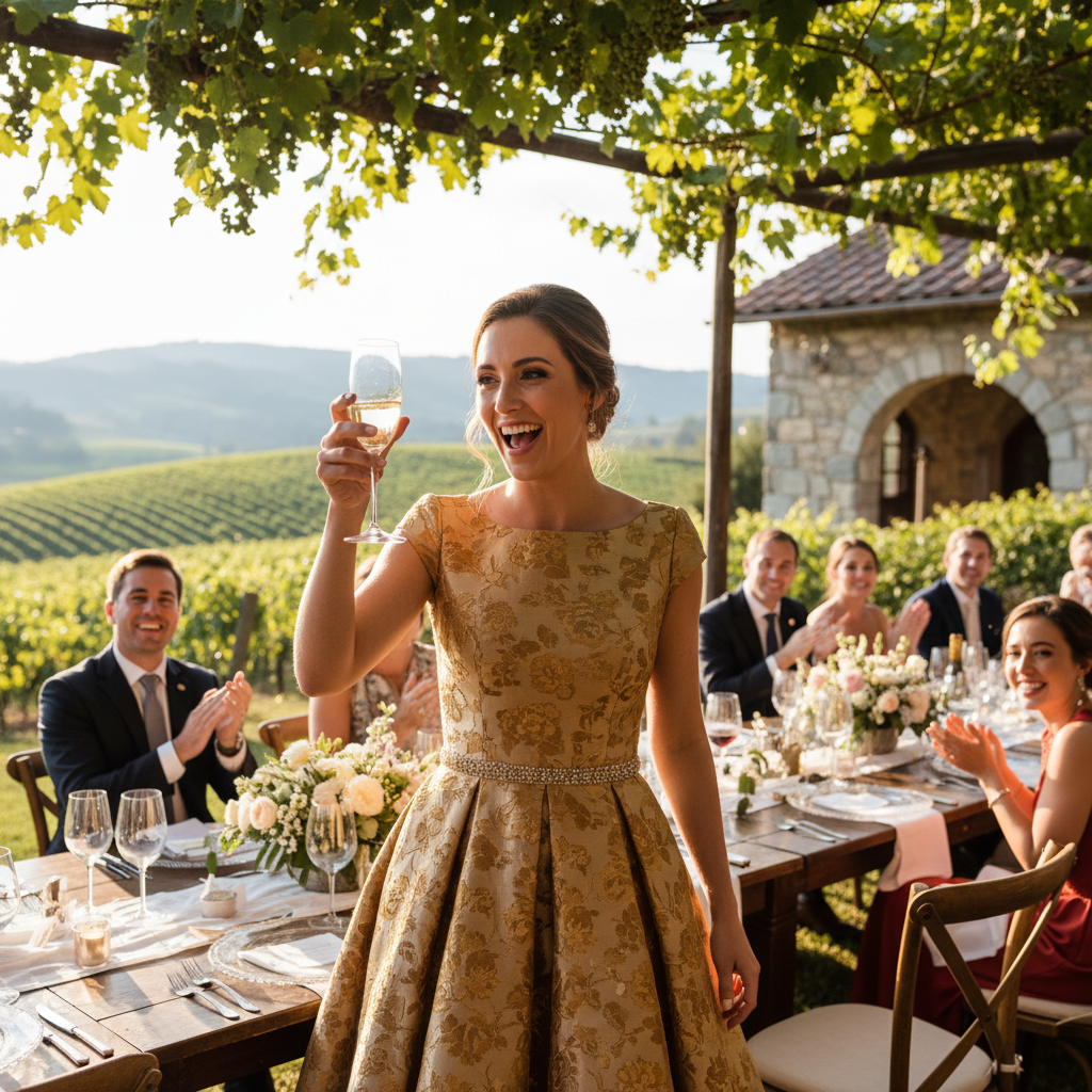 Bride and groom toasting with champagne at vineyard reception