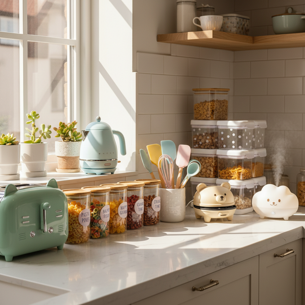 Neatly organized kitchen with cute gadgets and snack containers on the counter