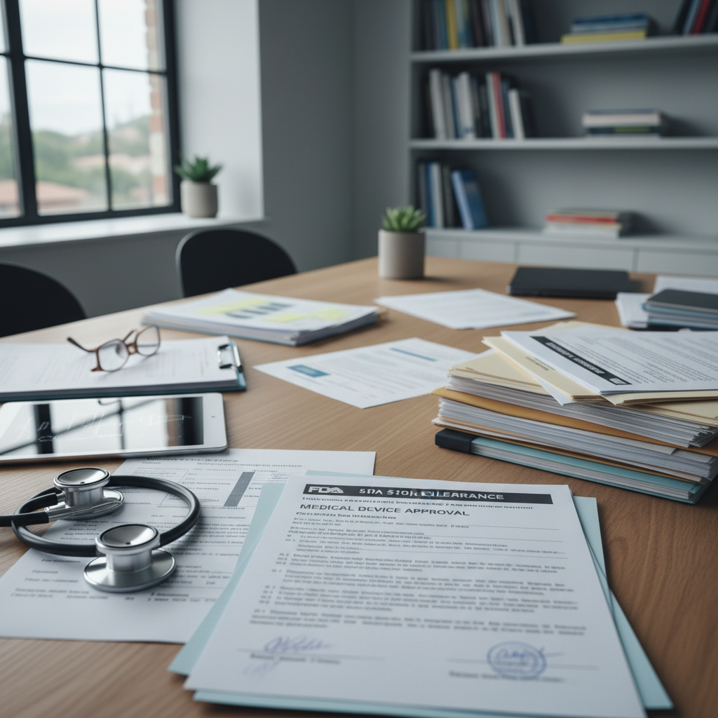 FDA regulatory documents and medical device clearance paperwork on a desk with a stethoscope