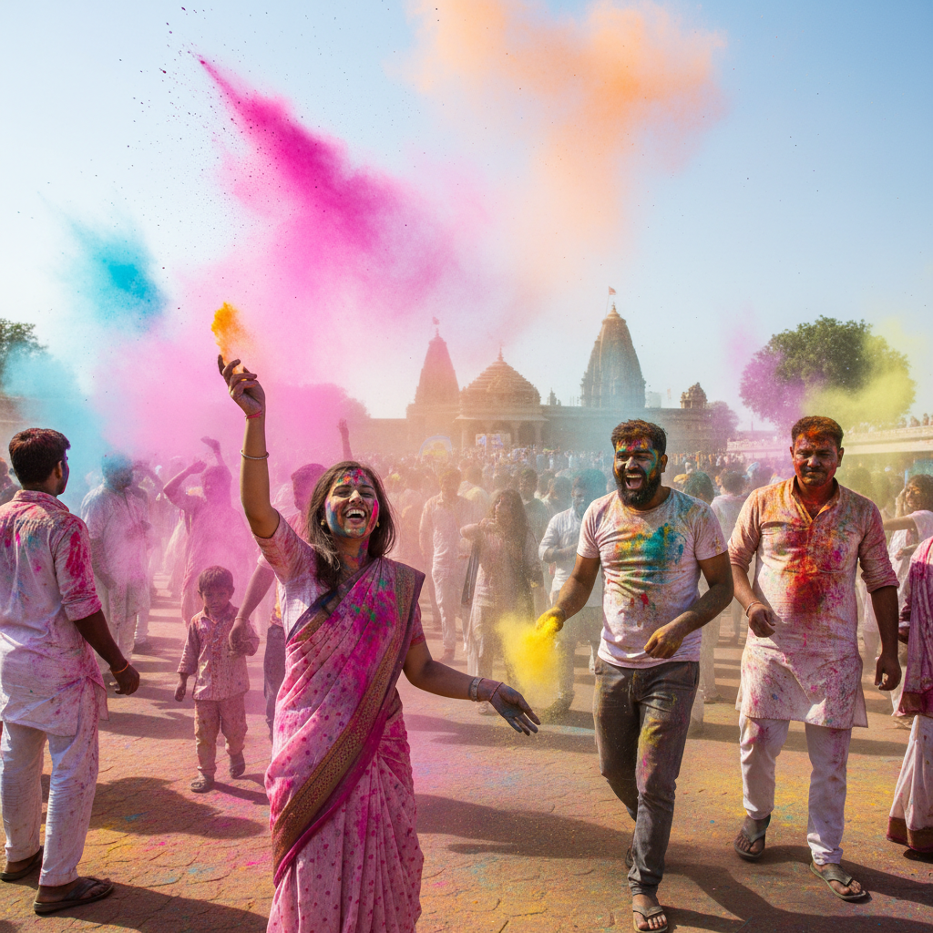 Holi celebration with vibrant colored powder at Sangam outdoor event