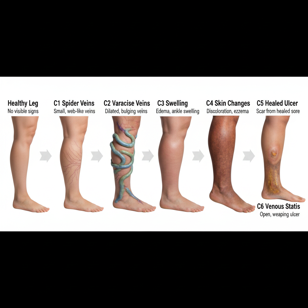 Chart showing six stages of vein disease: Healthy Leg, C1 Spider Veins, C2 Varicose Veins, C3 Swelling, C4 Skin Changes, C5 Healed Ulcer, and C6 Venous Stasis with legs affected at each stage